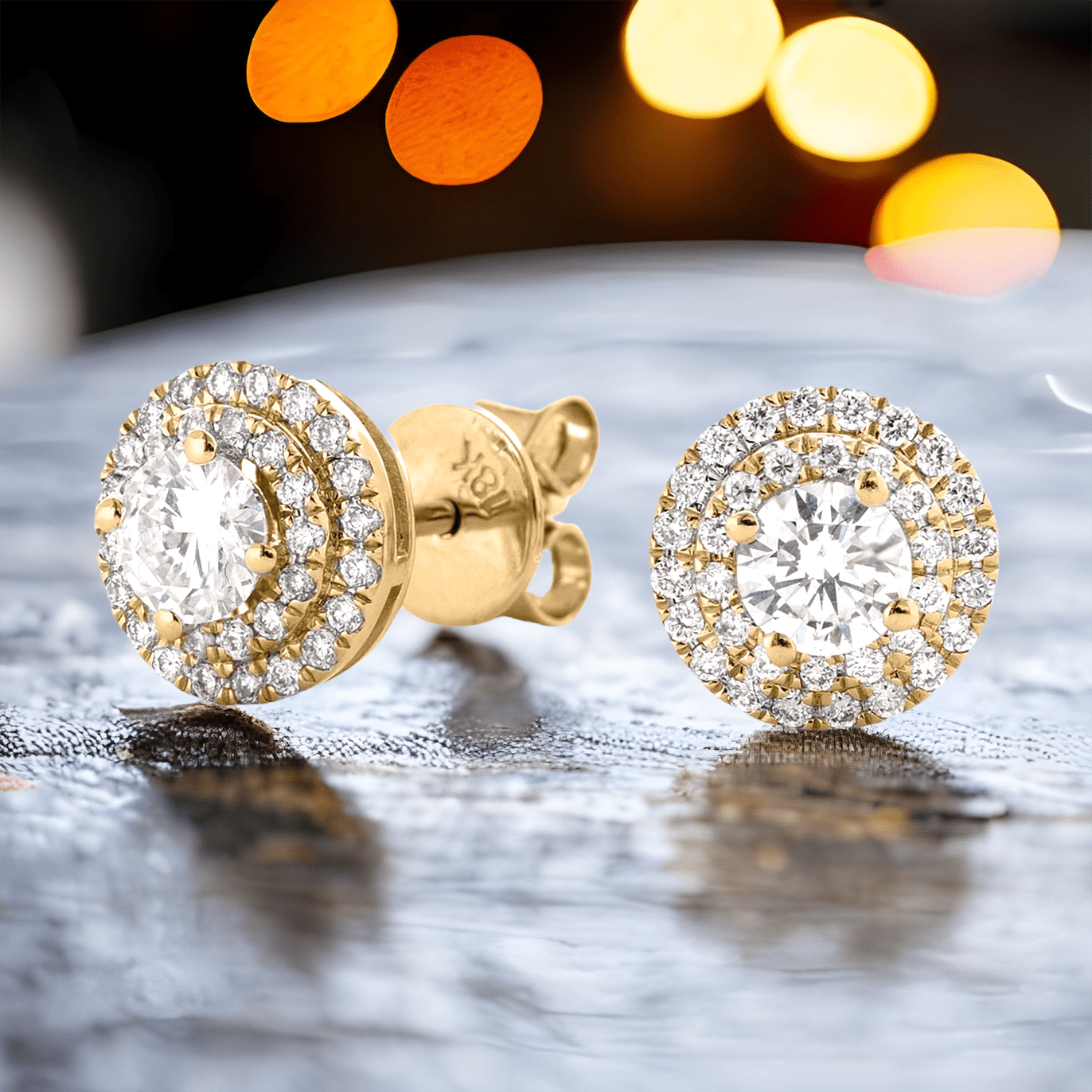 0.80ct Double Halo Diamond Earrings Earrings Xclusive Diamonds 9K Yellow Gold HI Si 