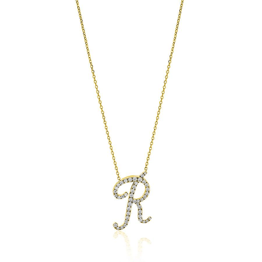 Diamond Initial Letter "R" Pendant Xclusive Diamonds 9K Yellow Gold HI Si 