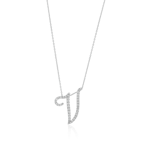 Diamond Initial Letter "V" Pendant Xclusive Diamonds 9K White Gold HI Si 